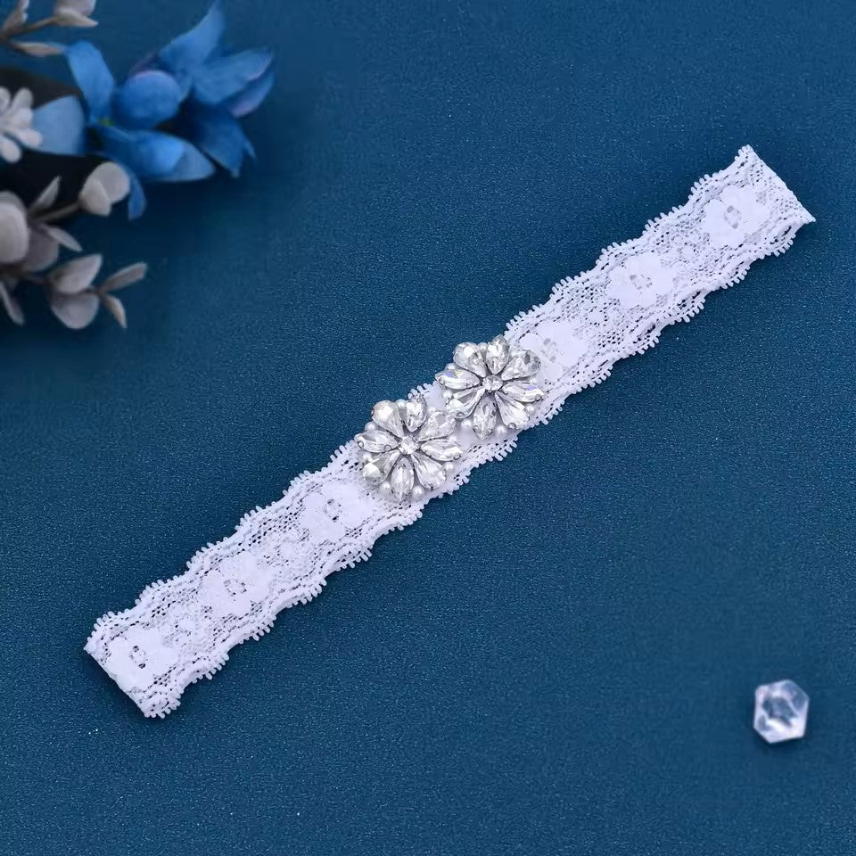 Sexy White Lace Bridal Garter Set with Silver Rhinestones