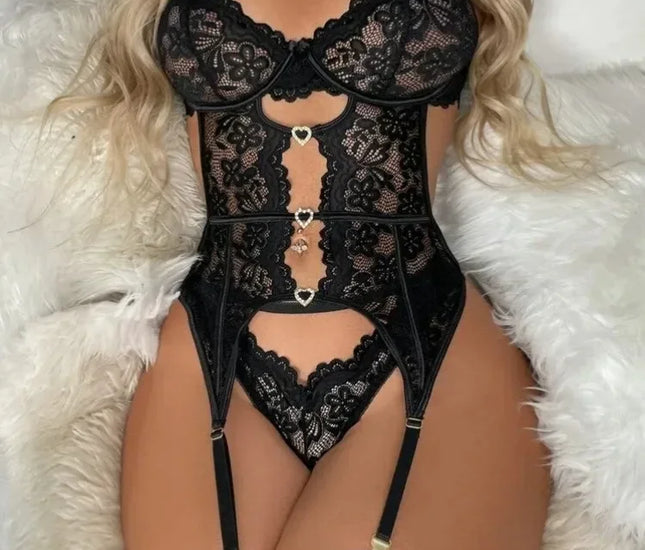 Entice Lace Bra, Garter and Panties Set