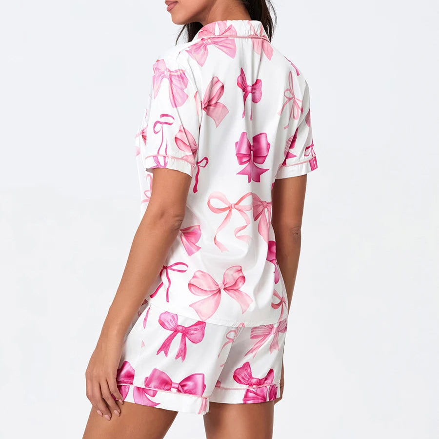 Cute Bow Satin Pyjama Shorts Set