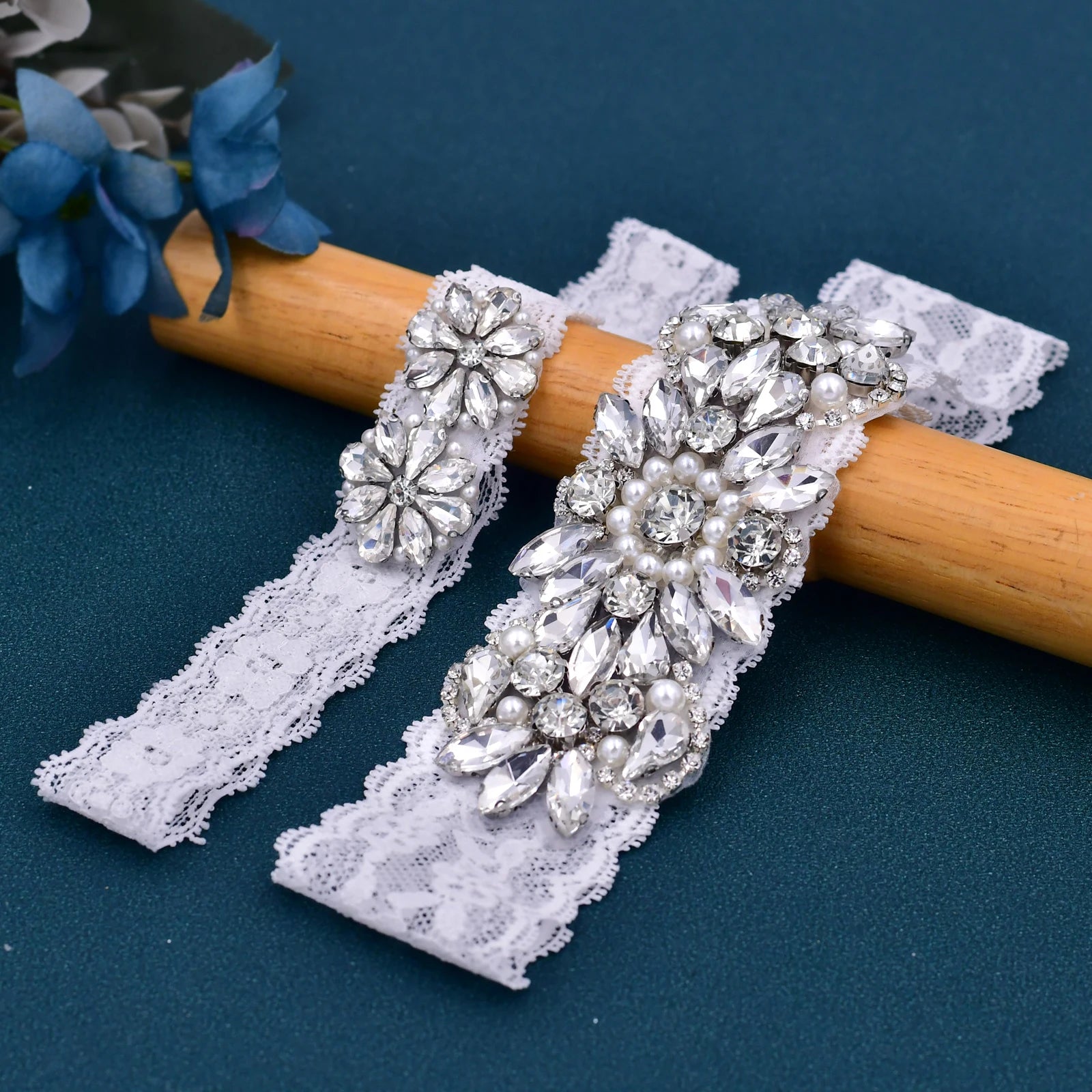 Sexy White Lace Bridal Garter Set with Silver Rhinestones