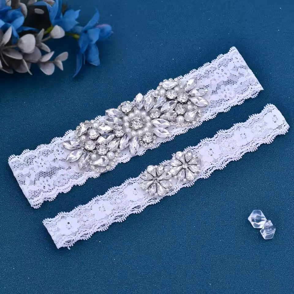 Sexy White Lace Bridal Garter Set with Silver Rhinestones