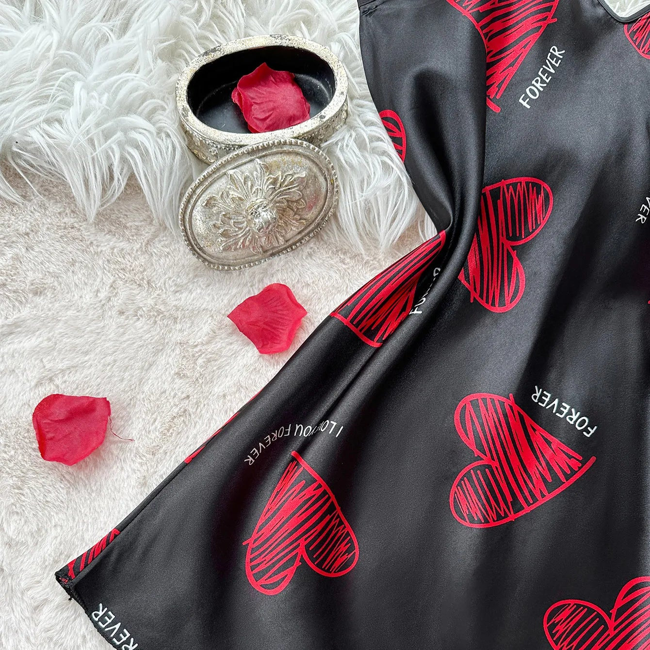 Red Heart Print Satin Nightdress