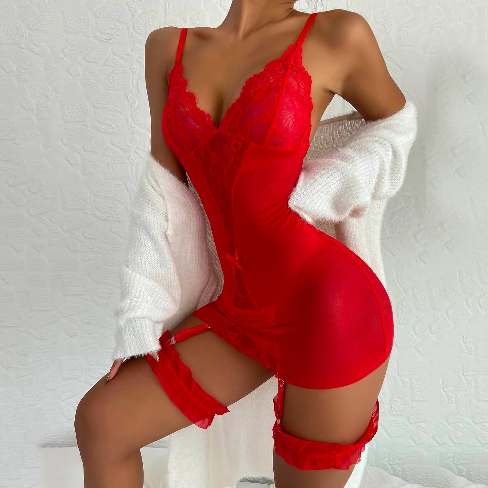 Seductive Lace Lingerie Set for Women - Babydoll Nightwear with Garter Belt