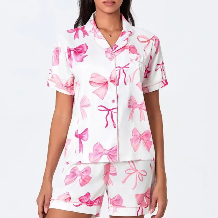 Cute Bow Satin Pyjama Shorts Set