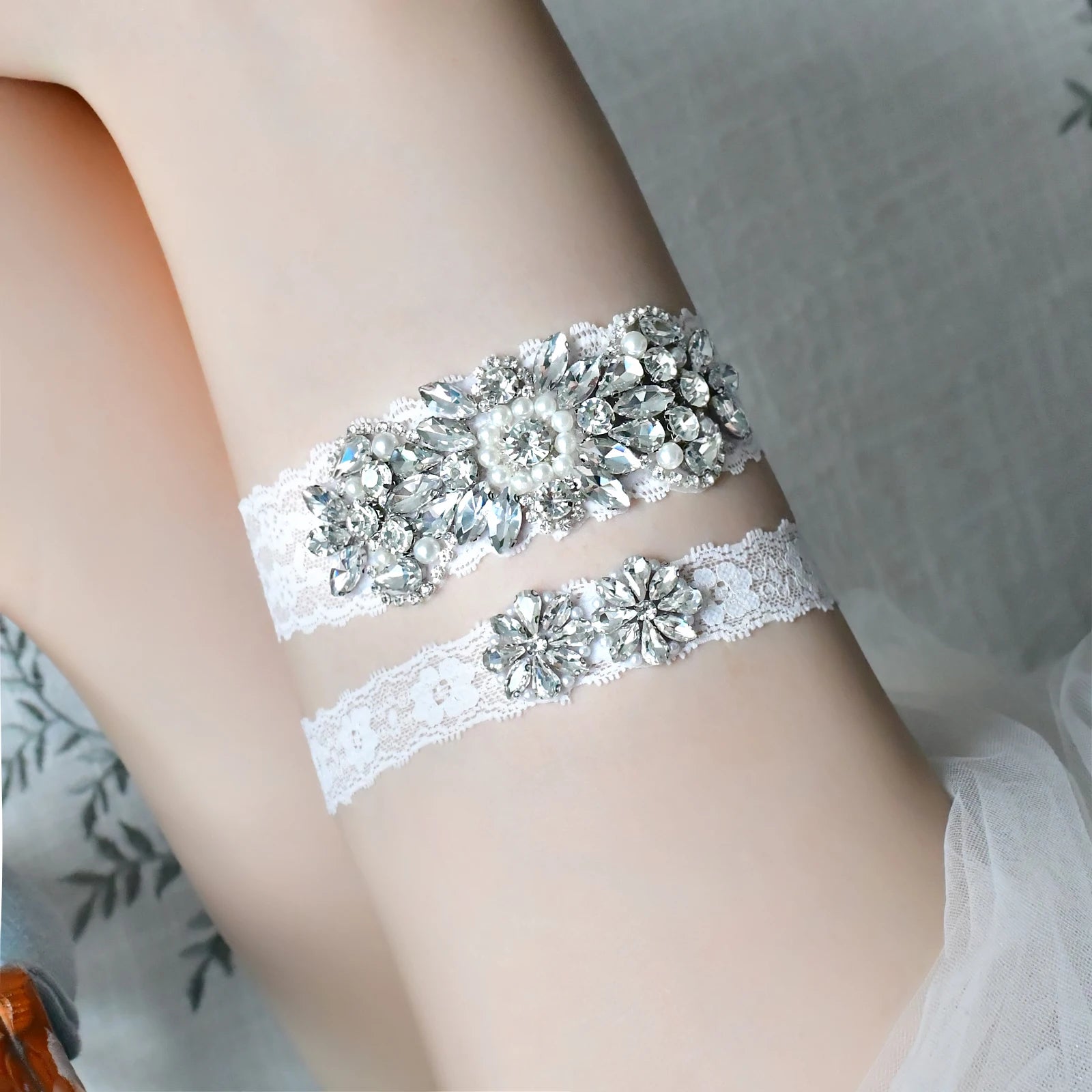 Sexy White Lace Bridal Garter Set with Silver Rhinestones