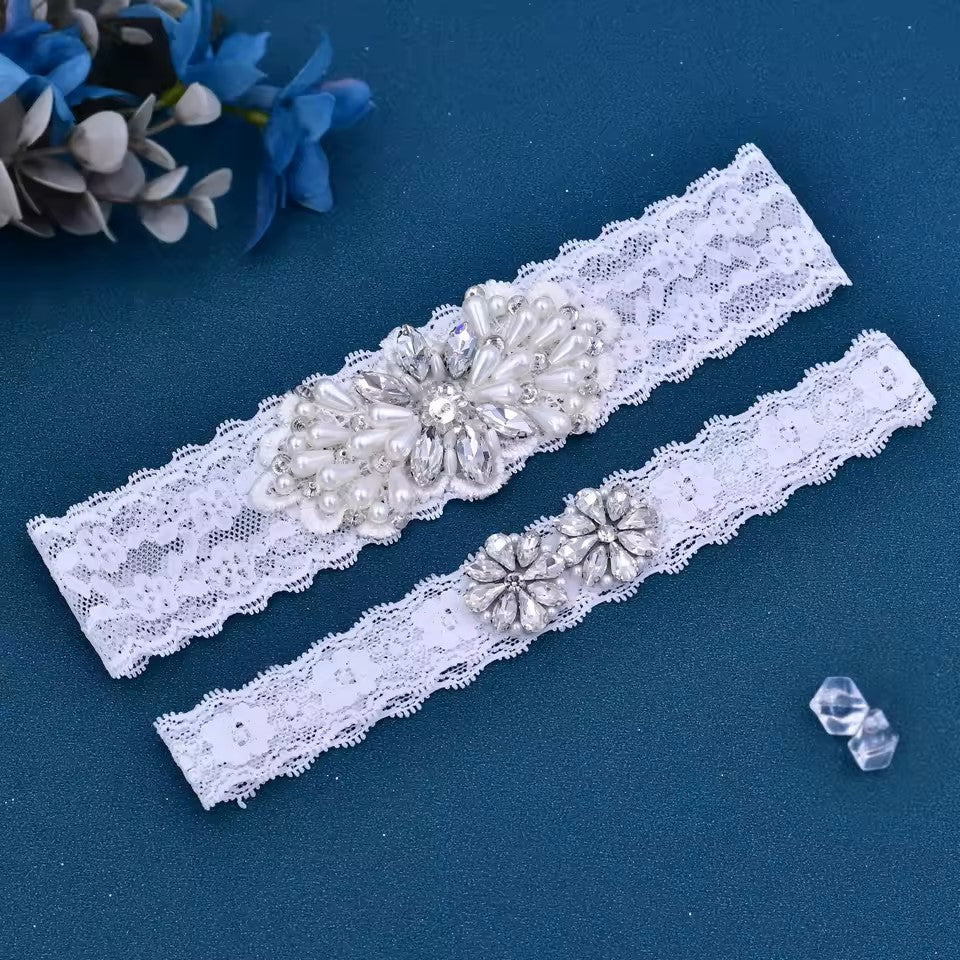 Sexy White Lace Bridal Garter Set with Silver Rhinestones