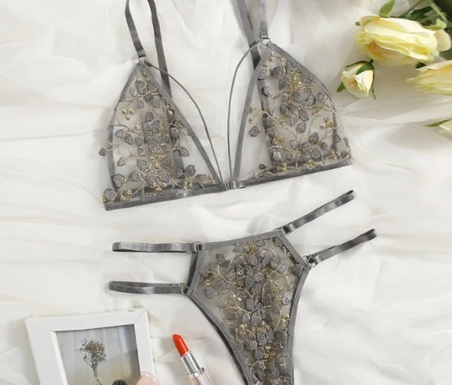 Silver Lace Sexy Bralette & Brief Set