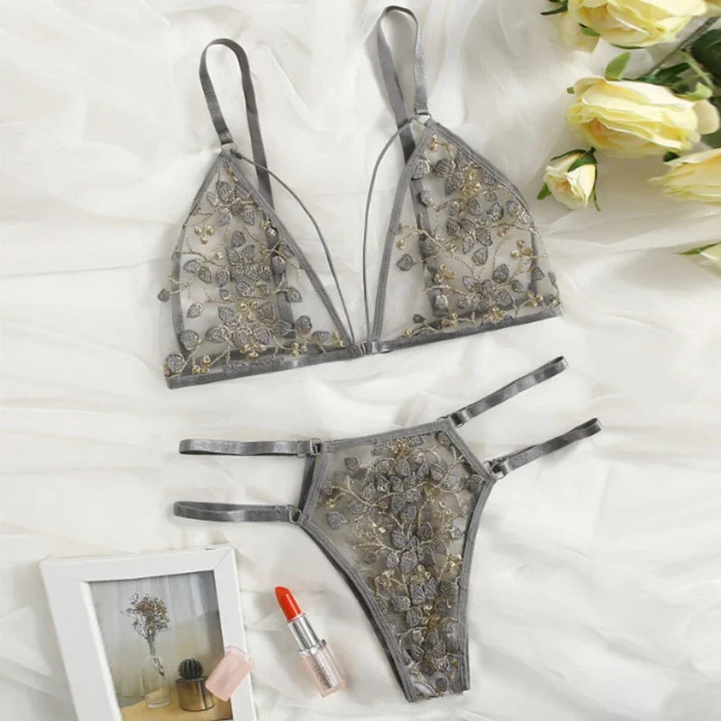 Silver Lace Sexy Bralette & Brief Set