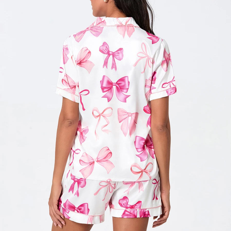 Cute Bow Satin Pyjama Shorts Set