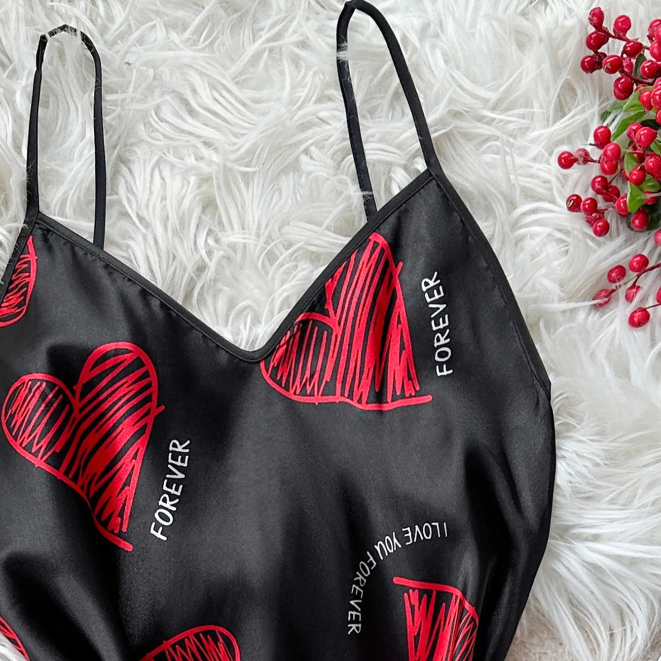 Red Heart Print Satin Nightdress