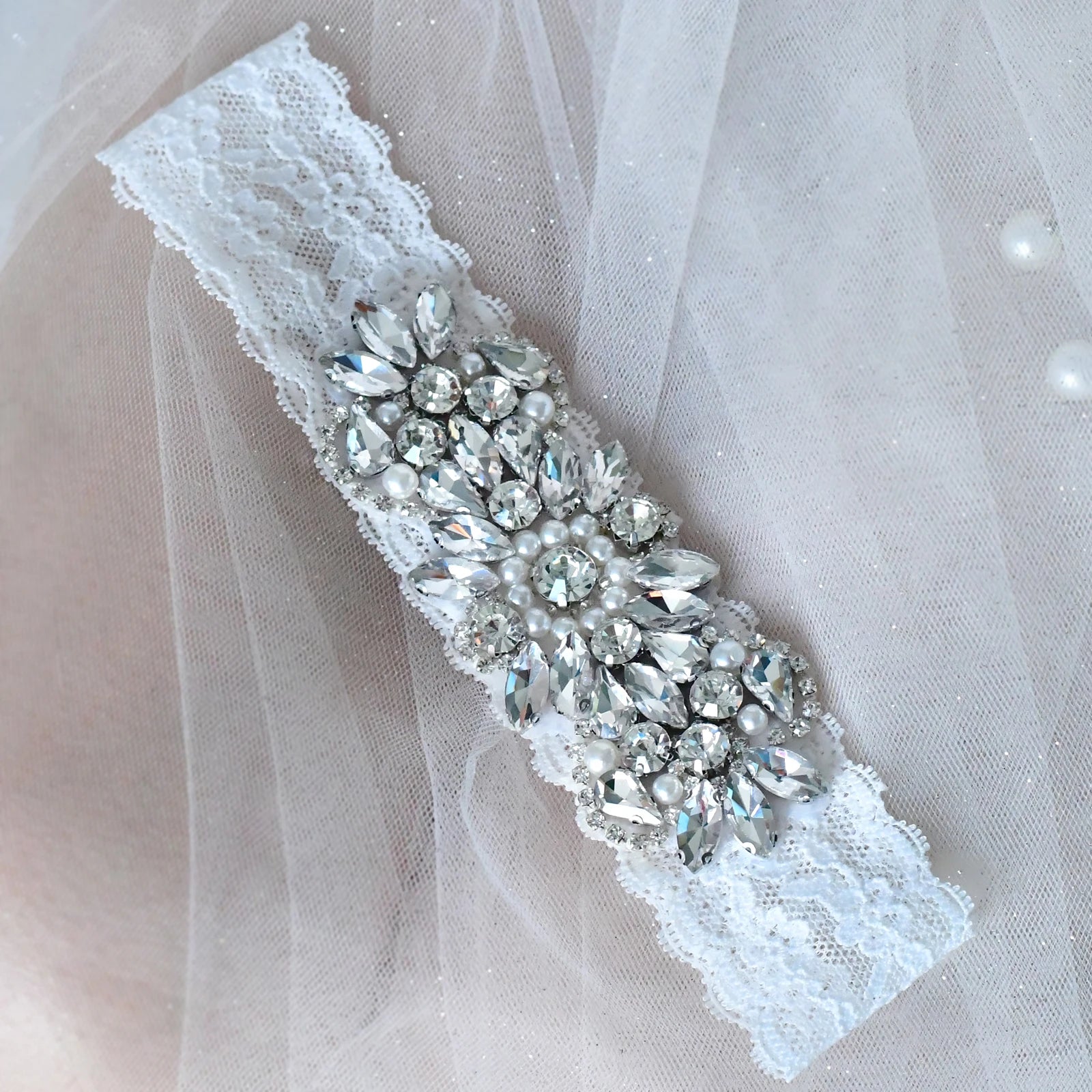 Sexy White Lace Bridal Garter Set with Silver Rhinestones