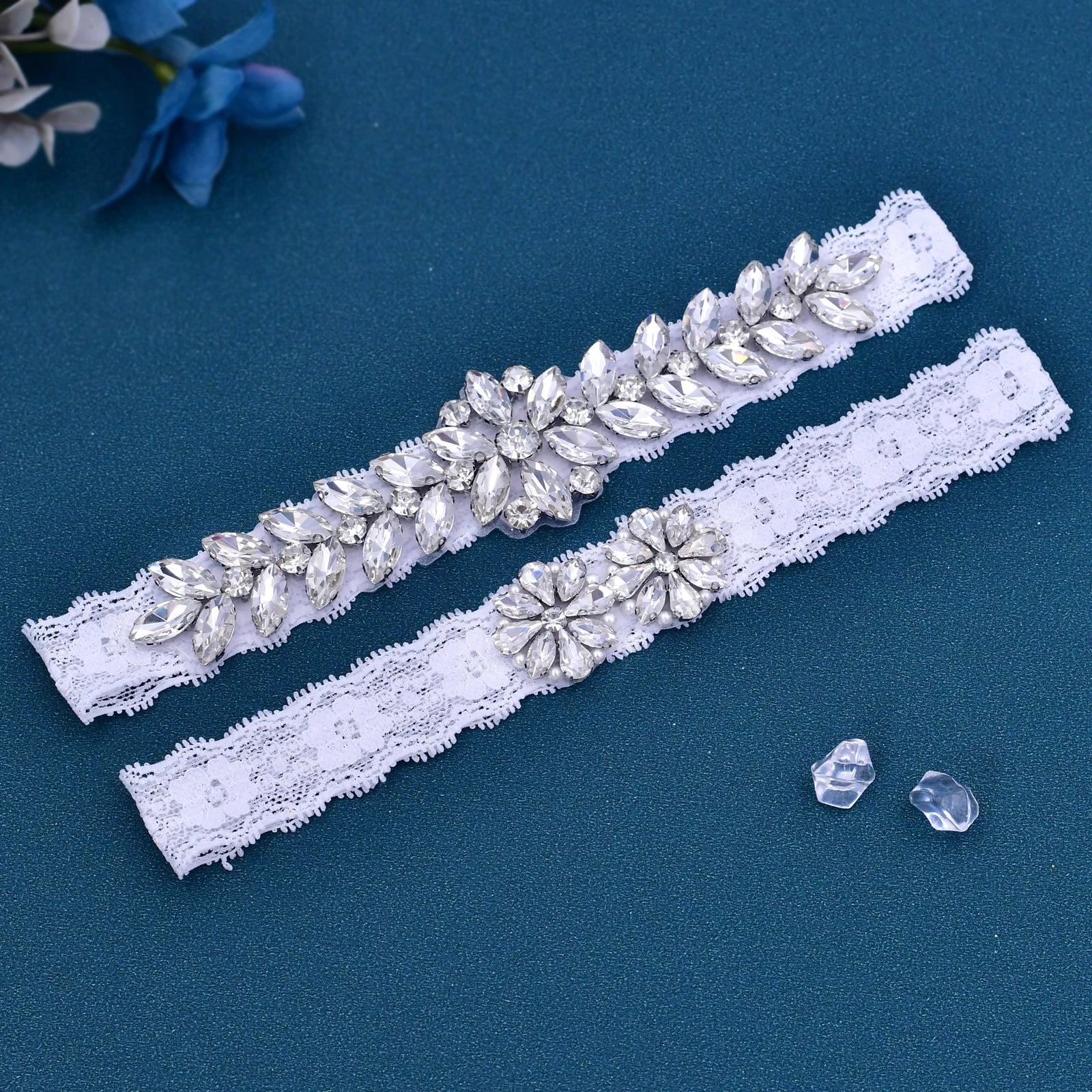 Sexy White Lace Bridal Garter Set with Silver Rhinestones